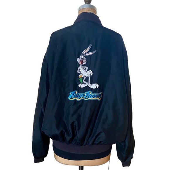 Vintage Looney Tunes Bugs Bunny Silk Embroidered Bomber Jacket size XL Black - Picture 1 of 10